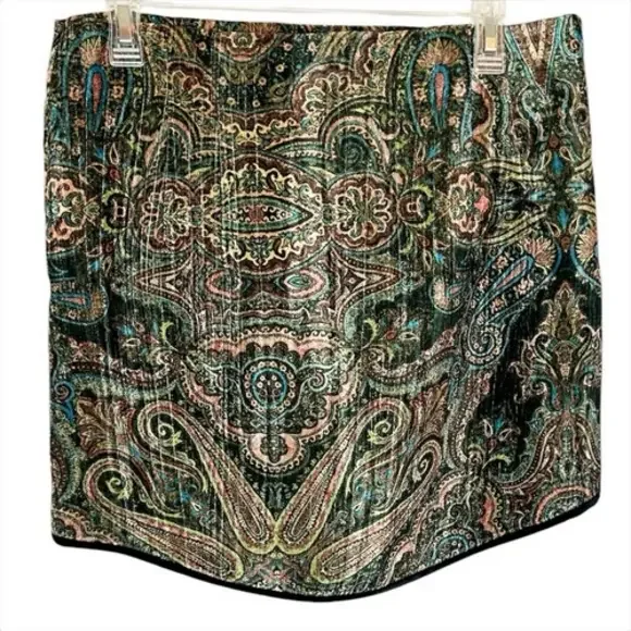Zara Paisley Velvet Mini Skirt Sz Large L Multicolor Brown Green Blue Short NWT - Picture 3 of 6